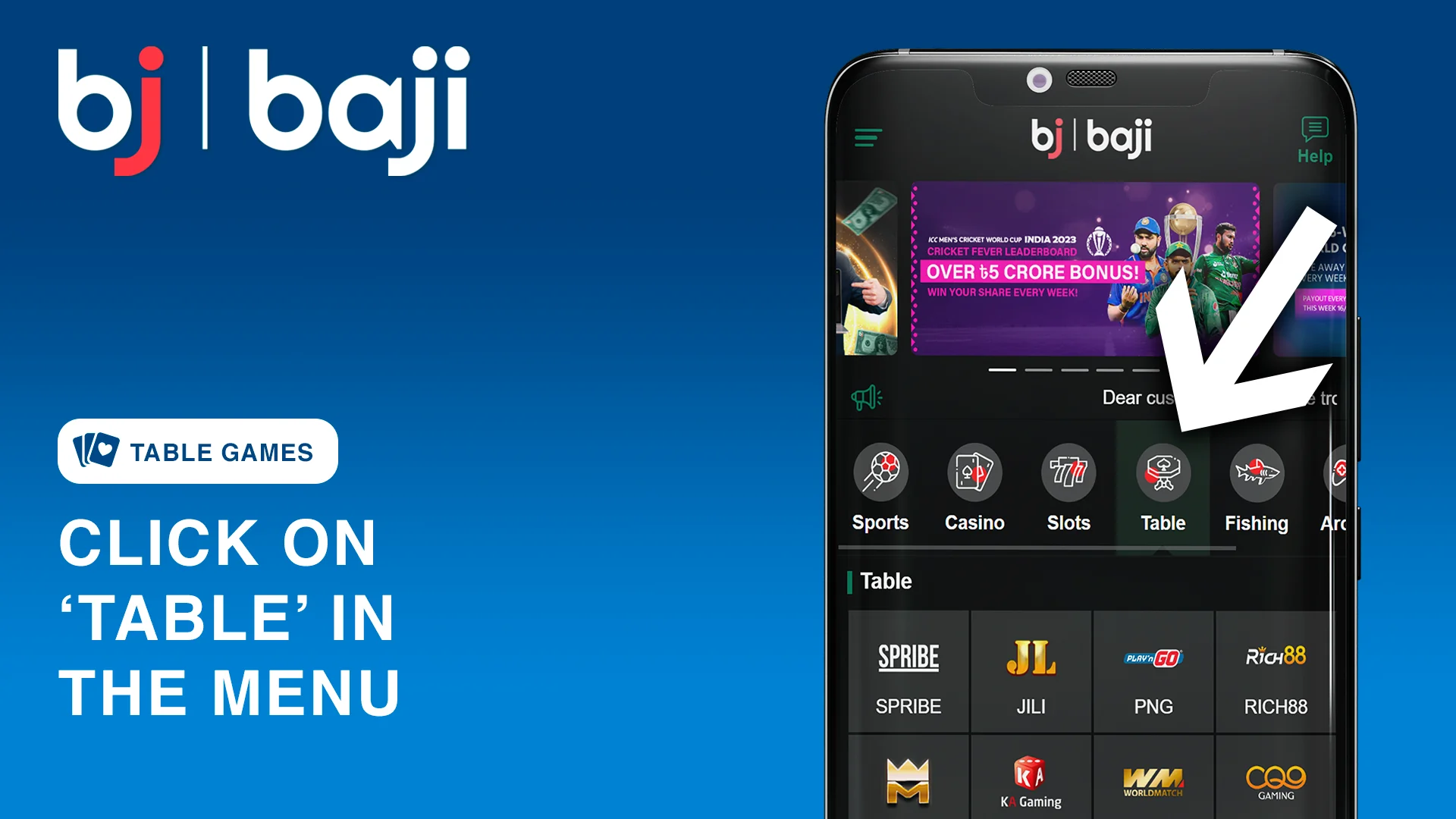 Find table games in the Baji Casino Main Menu